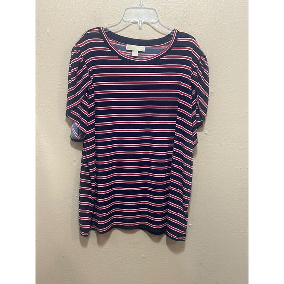 Michael Kors Navy‎ Red Striped Puff Sleeve Top Women’s XL Stretchy Casual - Picture 3 of 9